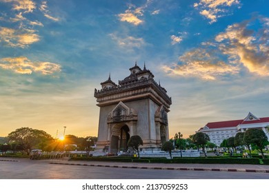 Vientiane Laos, sunset city skyline at Patuxai (Patuxay) the most famous landmark in Vientiane