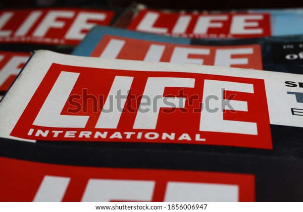 Viersen, Germany - 9. May 2020: Close up of\
american Time Life vintage magazines lettering logo from the\
sixties (focus on\
center)
