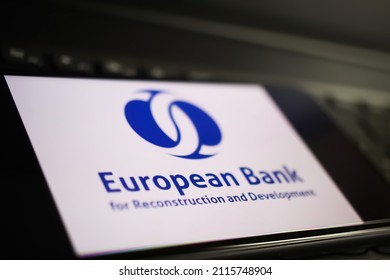 Viersen, Germany - January 9. 2022: Closeup of mobile phone logo of european bank for development on computer keyboard (selective focus on lower part of letter e in word european)