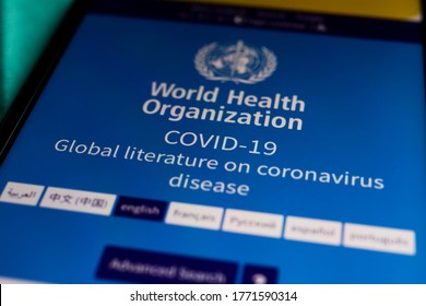 Viersen, Germany - July 7. 2020: Closeup Of Mobile Phone Screen With App Of World Health Organization About Corona Virus Literature (focus On Covid-19)