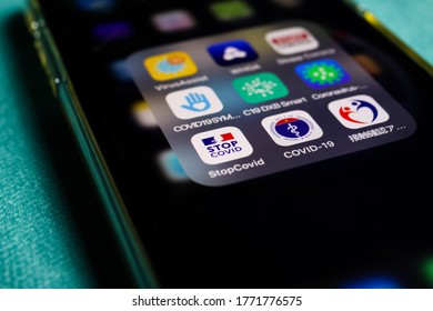 Viersen, Germany - July 7. 2020: Closeup Of Mobile Phone Screen With Choice Of International Covid-19 Tracking Warning Apps (Focus On French Stop Covid App Left)