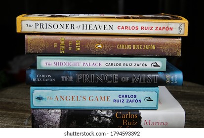 Viersen, Germany - July 9. 2020: View On Isolated Pile Of Books From Spanish Author Carlos Ruiz Zafon