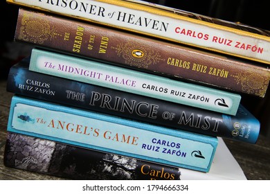 Viersen, Germany - July 9. 2020: View On Isolated Pile Of Books From Spanish Author Carlos Ruiz Zafon