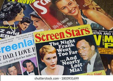 Viersen, Germany - July 9. 2020: View On Pile American Vintage Tv Magazines. In Focus Screen Stars Issue With Story About Frank Sinatra And Mia Farrow.