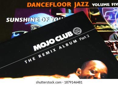 Viersen, Germany - May 9. 2020: Close Up Of Vintage Vinyl Record Cover Of Mojo Club Dancefloor Jazz Compilation (focus On Center)