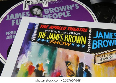 Viersen, Germany - May 9. 2020: Closeup Of Vinyl Record Covers From Us American Soul Music Singer James Brown (focus On Singers Name In Center)