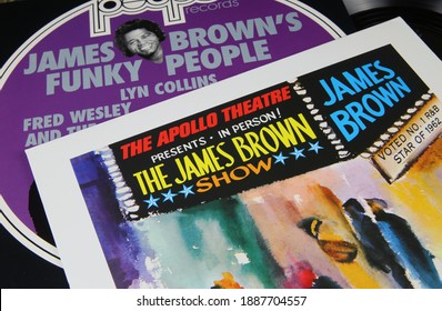 Viersen, Germany - May 9. 2020: Closeup Of Vinyl Record Covers From Us American Soul Music Singer James Brown (focus On Singers Name In Center)