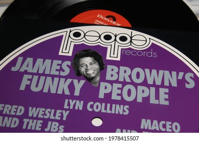 Viersen, Germany - May 9. 2021: Closeup Of Isolated Singer James Brown Vinyl Record Cover (focus On Center Of Cover)