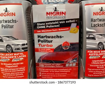 Viersen, Germany - November 9. 2020: Close Up Of Boxes Nigrin Car Care Hard Wax Polish In Shelf Of German Store (focus On Center Of Central Box)