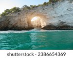 Vieste, Italy - 23 August 2023:view from the boat of the famous rock caves of the Gargano coast