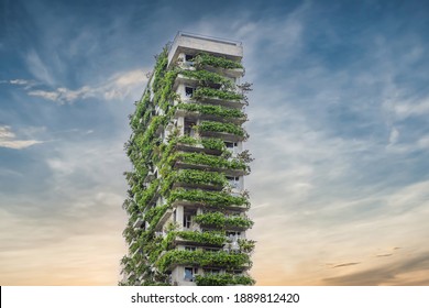 Vietnam, Da Nang, December 23, 2020: Eco architecture. Green cafe with hydroponic plants on the facade. Ecology and green living in city, urban environment concept. Modern building covered green plant