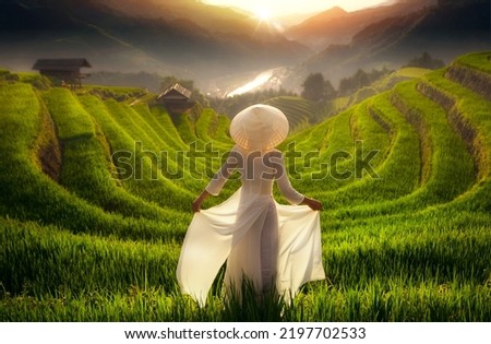 Vietnam girl in traditional white dress in Mu cang chai village walking on the mountain and golden rice terraces at Mucangchai town near Sapa city, north of Vietnam