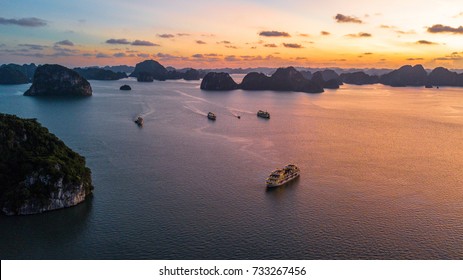 Vietnam In Ha Long Bay With The Sun Setting