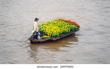 Vietnam, Mekong River Delta. Boat On Traditional Floating Market