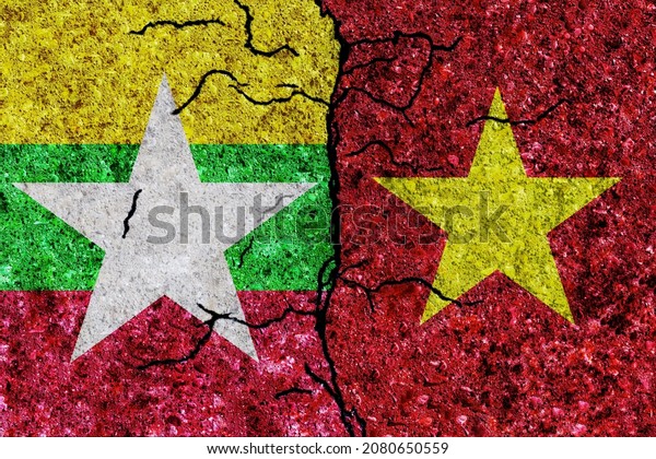 Vietnam and Myanmar painted flags on a wall\
with grunge texture. Vietnam and Myanmar conflict. Myanmar and\
Vietnam flags together. Vietnam vs\
Myanmar