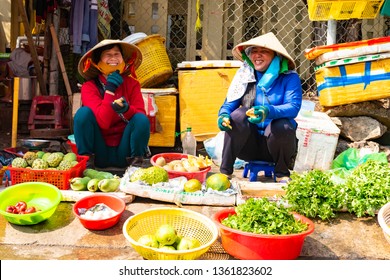 Vietnam, Phu Quoc Island - February 26, 2018 : Women with Healthy RAW fresh vegetables in traditional Vietnamese street market