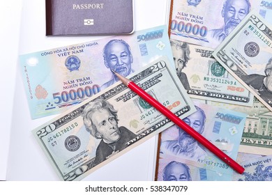 Vietnam And US Dollar Currency, Notebook And Passport