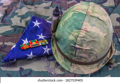 Vietnam Vet Camo Helmet, Service Ribbons & American Flag