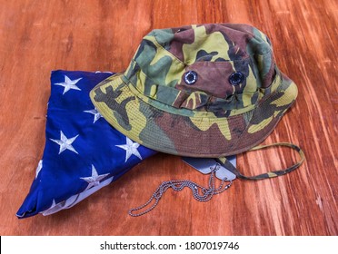 Vietnam Vet Camouflage Flag, Dog Tags & American Flag