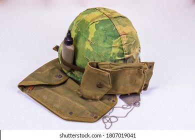 Vietnam Vet Era Helmet, Tags & Ammo Pouch