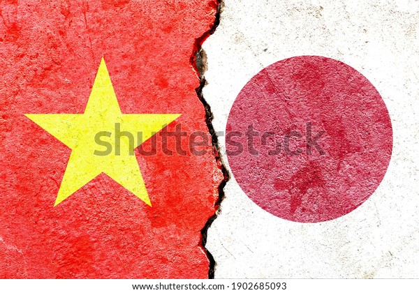 Vietnam vs Japan national flags icon grunge\
pattern isolated on broken weathered cracked wall background,\
abstract Vietnam Japan politics relationship friendship conflicts\
concept texture\
wallpaper