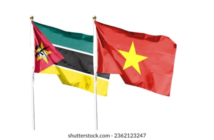 Vietnamese flag and Mozambican flag flutter under cloudy sky. fly in the sky