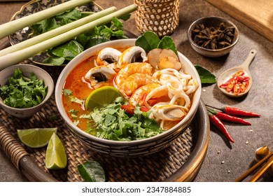 Vietnamese food, Asia food Tom Yum tom yum soup with seafood fresh chilies, and lime.