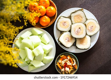 Vietnamese Food (Tet Cake) And Cut Prepared Fruit On Plate On Tet Holiday