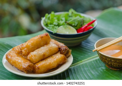 Vietnamese Fried Spring Rolls With Fresh Vegetable And Peanut Sauce