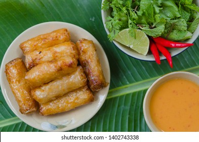 Vietnamese Fried Spring Rolls With Fresh Vegetable And Peanut Sauce