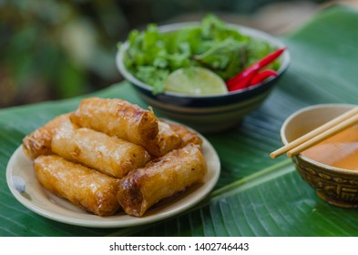 Vietnamese Fried Spring Rolls With Fresh Vegetable And Peanut Sauce