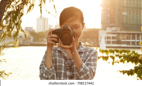 Vietnamese Girl Photographer Takes Pictures Nature Stock Photo