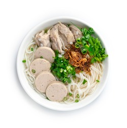Vietnamese Rice Noodles Soup With Pork Spare Ribs And Vietnamese Sausage Circle Cutlet Served Vegetables And Crispy Onion Asian Food Classic Dish Topview