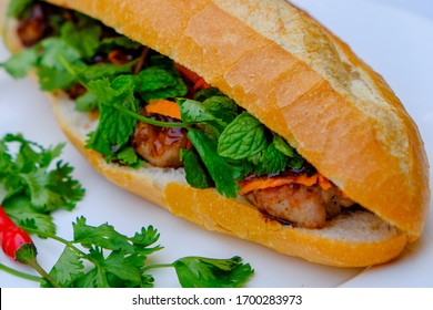 Vietnamese sandwich Banh Me with chicken and French Baguette 