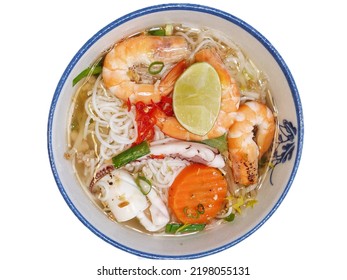 Vietnamese seafood noodles with vegetables,  seafood, pork and spicy soup. Vietnamese Pho Tom Rice Noodles. - Shutterstock ID 2198055131