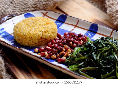 Vietnamese Vegan Food, Plate Of Dish For Vegetarian Lunch With High Fiber Food, Fried Rice With Pumpkin In Yellow, Water Morning Glory Fry With Tofu Cheese, Fried Peanut With Salt