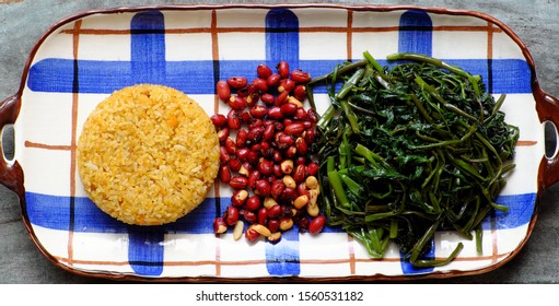 Vietnamese Vegan Food, Plate Of Dish For Vegetarian Lunch With High Fiber Food, Fried Rice With Pumpkin In Yellow, Water Morning Glory Fry With Tofu Cheese, Fried Peanut With Salt