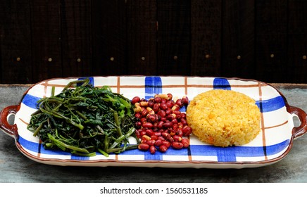 Vietnamese Vegan Food, Plate Of Dish For Vegetarian Lunch With High Fiber Food, Fried Rice With Pumpkin In Yellow, Water Morning Glory Fry With Tofu Cheese, Fried Peanut With Salt