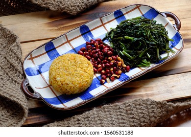 Vietnamese Vegan Food, Plate Of Dish For Vegetarian Lunch With High Fiber Food, Fried Rice With Pumpkin In Yellow, Water Morning Glory Fry With Tofu Cheese, Fried Peanut With Salt