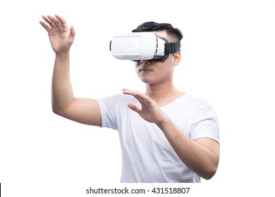 Vietnamese Young Man Wearing VR Goggles, Isolated On White