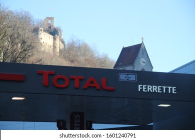 Vieux-Ferrette, France - December 29th 2019 : Gaz Station And Church