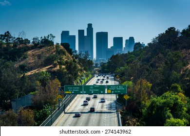 View Of The 110 Freeway And Los Angeles Skyline From The Park Row Drive Bridge, In Los Angeles, California.