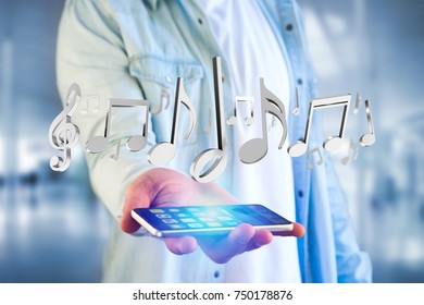View of 3d render music notes on a futuristic interface