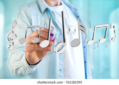 View of 3d render music notes on a futuristic interface