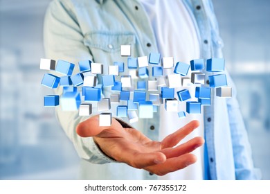View of a 3d rendering blue and white cube on a futuristic interface