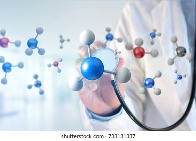 View of a 3d rendering molecule on a displayed on a medical interface 
