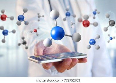 View of a 3d rendering molecule on a displayed on a medical interface 