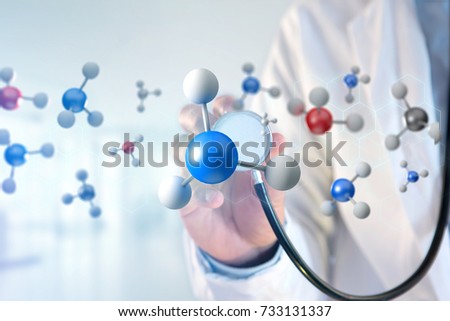 View of a 3d rendering molecule on a displayed on a medical interface 