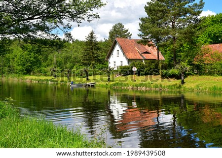 A view of an abandoned house or shack located next to the coast of a river or lake with the bank of the reservoir covered with trees, shrubs, flowers, grass, and reeds seen on a sunny day in Poland