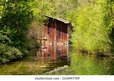 A View Of Abandoned Wooden House Surrounded By Trees Near Water